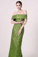 HAYTAN • Verdant Becoming Emerald Green Off-Shoulder Rhinestone Gown