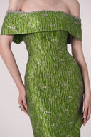 HAYTAN • Verdant Becoming Emerald Green Off-Shoulder Rhinestone Gown