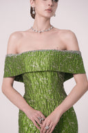 HAYTAN • Verdant Becoming Emerald Green Off-Shoulder Rhinestone Gown