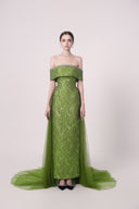 HAYTAN • Verdant Awakening Crystal-Trimmed Green Tulle Draped Train