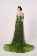 HAYTAN • Verdant Awakening Crystal-Trimmed Green Tulle Draped Train