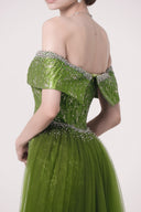 HAYTAN • Verdant Awakening Crystal-Trimmed Green Tulle Draped Train