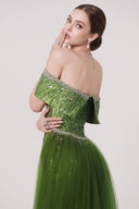 HAYTAN • Verdant Awakening Crystal-Trimmed Green Tulle Draped Train