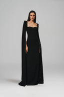 L' SCARLETT • Long Flared-Sleeve Crystal-Beaded Crepe Maxi Dress