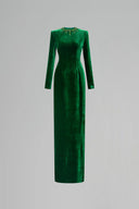 Verdant Silk Velvet Column Gown With Embellished Neckline for women, from IHF ATELIER, The Viet Concept 