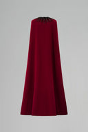 Dark Red Strapless Bustier Velvet Column Gown With Crystal Cape for women, from IHF ATELIER, The Viet Concept 