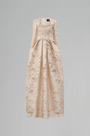 Celestine Beige Metallic Jacquard Trapeze Neck Ballgown for women, from IHF ATELIER, The Viet Concept 