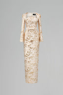 Beige Metallic Jacquard Trapeze Neck Column Evening Gown for women, from IHF ATELIER, The Viet Concept
