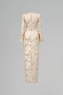 Beige Metallic Jacquard Trapeze Neck Column Evening Gown for women, from IHF ATELIER, The Viet Concept