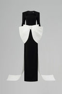 Noir Élan Crepe Column Gown With Trapeze Neckline Bow for women, from IHF ATELIER, The Viet Concept 