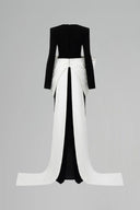 Noir Élan Crepe Column Gown With Trapeze Neckline Bow for women, from IHF ATELIER, The Viet Concept 