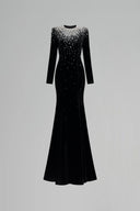 Black Velvet Crystal Embellished Long Sleeve Mermaid Evening Gown for women, from IHF ATELIER, The Viet Concept 