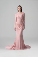 Nude Pink Asymmetric V-Neck Mermaid Evening Gown with Draped Waist for women, from IHF ATELIER, The Viet Concept 