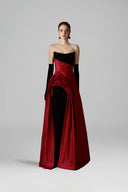 Red Black Strapless Crystal Bustier Draped Crepe Taffeta Gown for women, from IHF ATELIER, The Viet Concept 