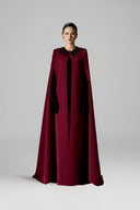 Dark Red Strapless Bustier Velvet Column Gown With Crystal Cape for women, from IHF ATELIER, The Viet Concept 