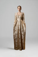 Celestine Beige Metallic Jacquard Trapeze Neck Ballgown for women, from IHF ATELIER, The Viet Concept 