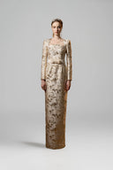 Beige Metallic Jacquard Trapeze Neck Column Evening Gown for women, from IHF ATELIER, The Viet Concept