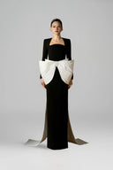 Noir Élan Crepe Column Gown With Trapeze Neckline Bow for women, from IHF ATELIER, The Viet Concept 