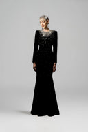 Black Velvet Crystal Embellished Long Sleeve Mermaid Evening Gown for women, from IHF ATELIER, The Viet Concept 