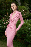 Pastel Pink High Neck Mermaid Evening Gown With Twisted Waist Elegance for women, from IHF ATELIER, The Viet Concept 