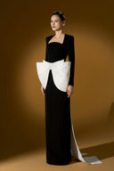 Noir Élan Crepe Column Gown With Trapeze Neckline Bow for women, from IHF ATELIER, The Viet Concept 