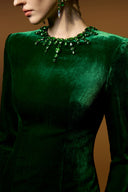 Verdant Silk Velvet Column Gown With Embellished Neckline for women, from IHF ATELIER, The Viet Concept 