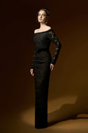 Black Guipure Lace Off-Shoulder Column Evening Gown Dress for women, from IHF ATELIER, The Viet Concept 