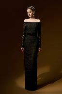 Black Guipure Lace Off-Shoulder Column Evening Gown Dress for women, from IHF ATELIER, The Viet Concept 