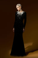 Black Velvet Crystal Embellished Long Sleeve Mermaid Evening Gown for women, from IHF ATELIER, The Viet Concept 