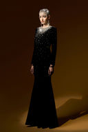 Black Velvet Crystal Embellished Long Sleeve Mermaid Evening Gown for women, from IHF ATELIER, The Viet Concept 