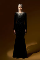 Black Velvet Crystal Embellished Long Sleeve Mermaid Evening Gown for women, from IHF ATELIER, The Viet Concept 