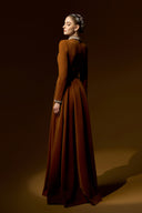 Veloura Brown Velvet Crystal Neck A-Line Evening Gown for women, from IHF ATELIER, The Viet Concept 