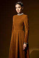 Veloura Brown Velvet Crystal Neck A-Line Evening Gown for women, from IHF ATELIER, The Viet Concept 