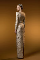 Beige Metallic Jacquard Trapeze Neck Column Evening Gown for women, from IHF ATELIER, The Viet Concept