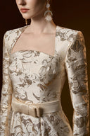 Beige Metallic Jacquard Trapeze Neck Column Evening Gown for women, from IHF ATELIER, The Viet Concept
