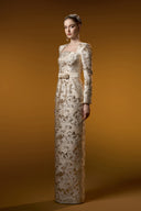 Beige Metallic Jacquard Trapeze Neck Column Evening Gown for women, from IHF ATELIER, The Viet Concept