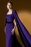 Veloura Dark Purple Cape Sleeve Column Evening Gown for women, from IHF ATELIER, The Viet Concept 