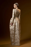 Celestine Beige Metallic Jacquard Trapeze Neck Ballgown for women, from IHF ATELIER, The Viet Concept 