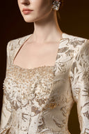 Celestine Beige Metallic Jacquard Trapeze Neck Ballgown for women, from IHF ATELIER, The Viet Concept 