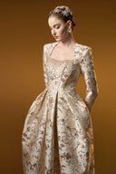 Celestine Beige Metallic Jacquard Trapeze Neck Ballgown for women, from IHF ATELIER, The Viet Concept 