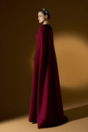 Dark Red Strapless Bustier Velvet Column Gown With Crystal Cape for women, from IHF ATELIER, The Viet Concept 
