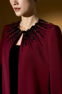Dark Red Strapless Bustier Velvet Column Gown With Crystal Cape for women, from IHF ATELIER, The Viet Concept 