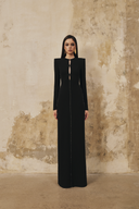 L' SCARLETT • Crystal Beaded Front-Slit Crepe Maxi Dress